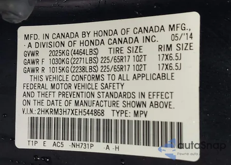 2014 Honda Cr-V Ex-L from USA, damaged, VIN 2HKRM3H7XEH544868